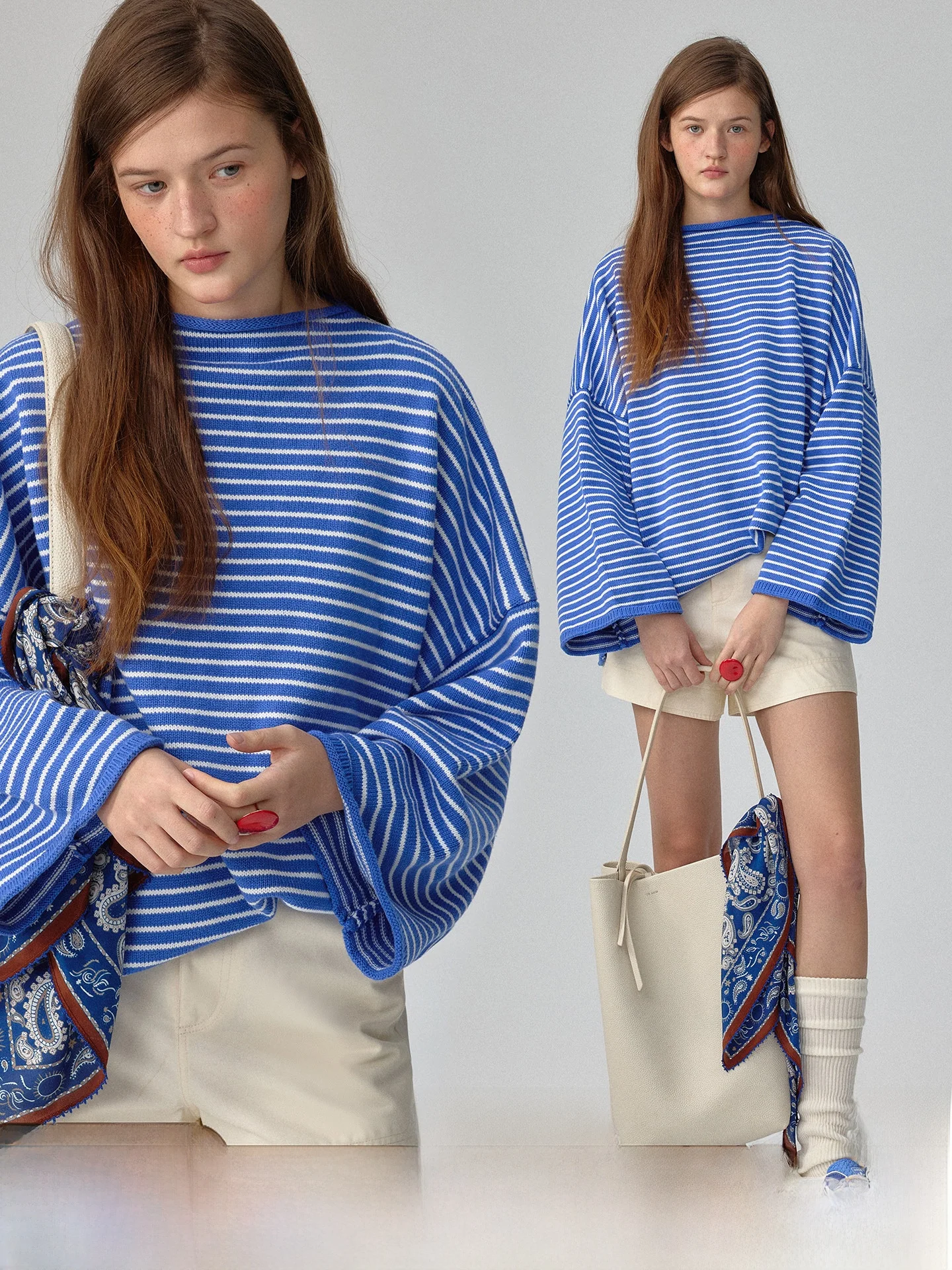 

Loose Women's Blue White Striped Knitwear Casual Sle Spring Faionable Comfortable Cotton Long Sve round Ne Top