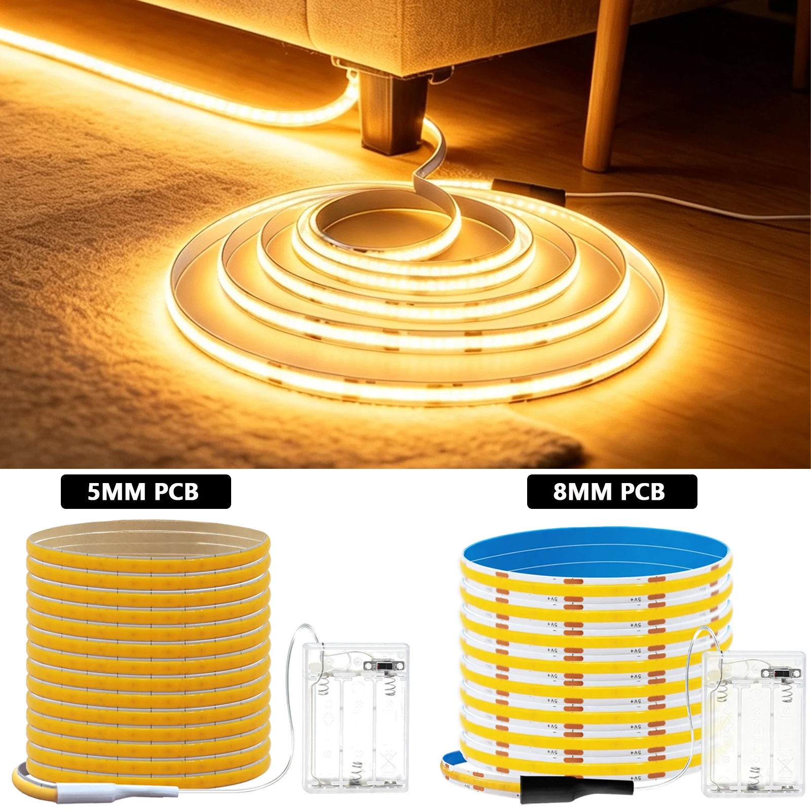 5V 3mm 5mm 8mm PCB COB Led Strip Ribbon Tape Battery Power with Switch 320LEDs Flex Night Light for Under Cabinet Kitchen Stairs