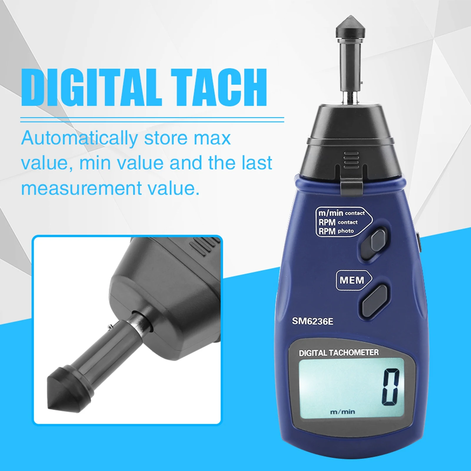 Digital Laser Tachometer Contact Rev Counter 5 Digits 18mm LCD Display RPM Gauge