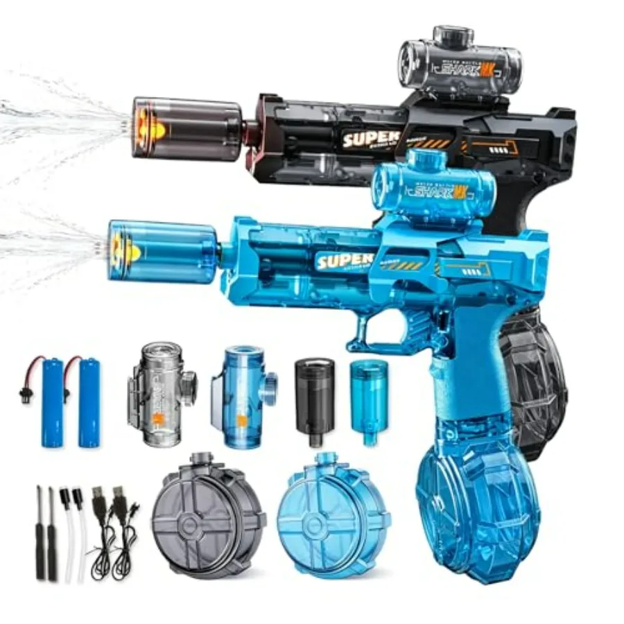 Outdoor water fight toys: electric water gun 2 pack, ABS plastic, black+blue, 26-33 FT long range with LED light and full acces