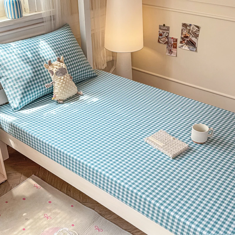 100% Cotton Fitted Sheet, Soft Breathable Plaid Bed Fitted Cover with Deep Pocket, Snug Fit, No Slip, Mattress Protector Cover