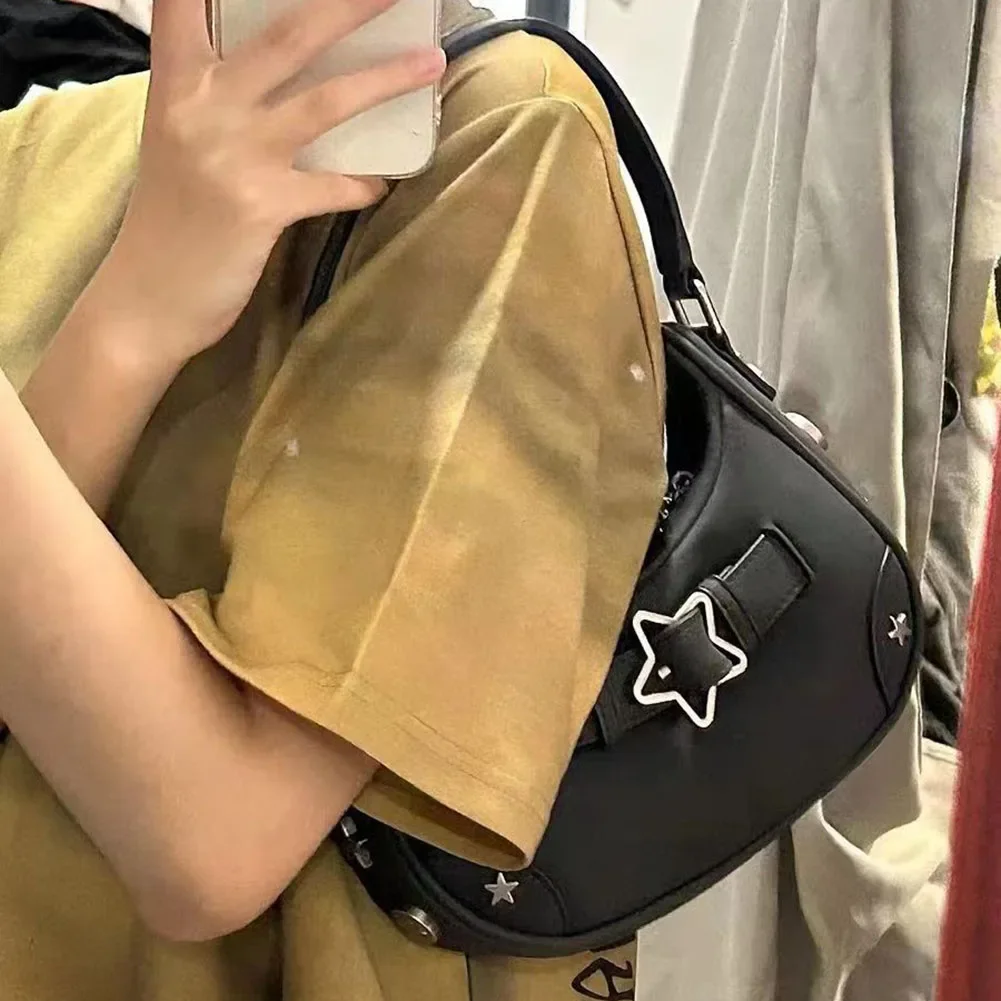 Women\'s Fashion PU Small Shoulder Bag Y2K Star Armpit Purse American Retro Black Chic Hobo Bag High Quality Designer New Handbag