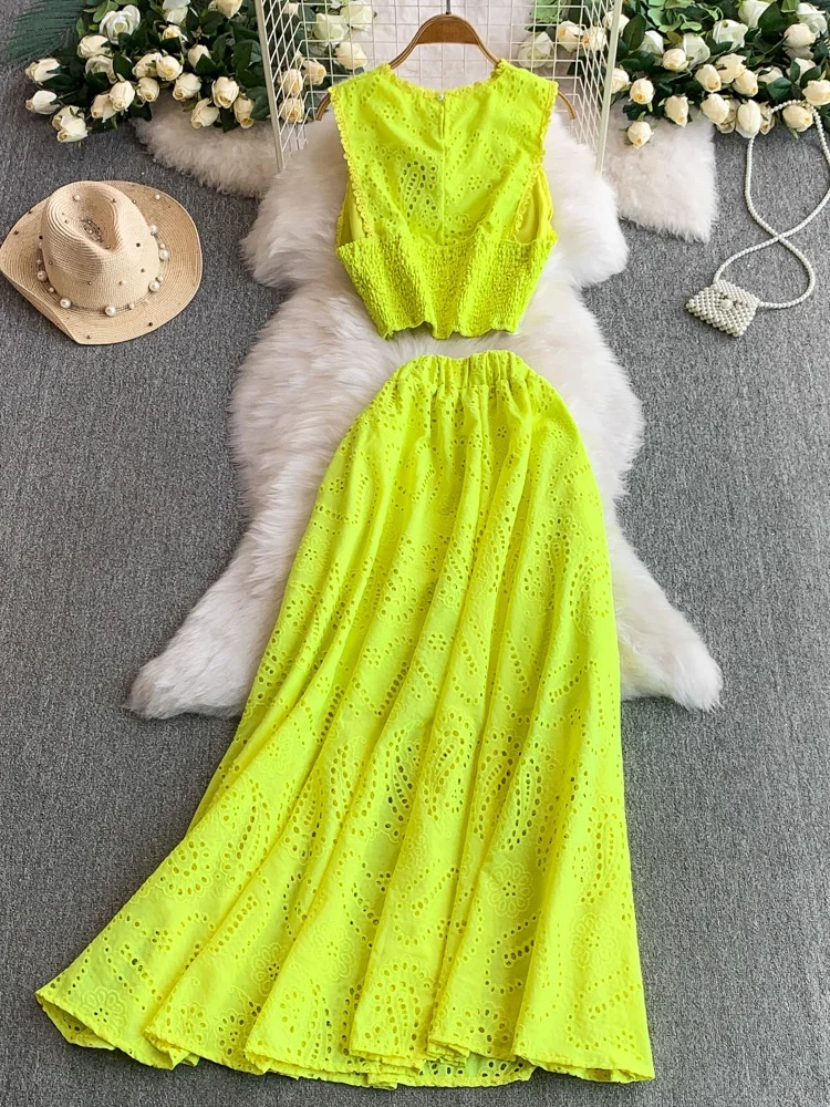 

n Holiday Sle Lace Hook Flower Hollow out Svel Vest Top High Waist Slimming f Skirt Two Piece Set