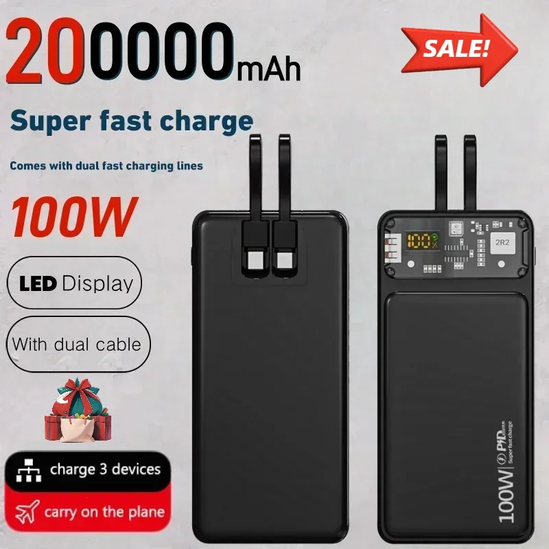 200000mAh Power Bank Large Capacity 100W Fast Charging Digital Display With Cable Portable External Battery