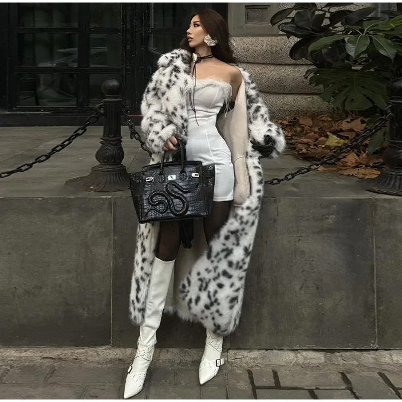 Women's Long Coats Leopard Printed Lapel Full Sleeve Faux Fur Coat Autumn Winter Lady Panelled Loose Warm Jackets New Outerwears