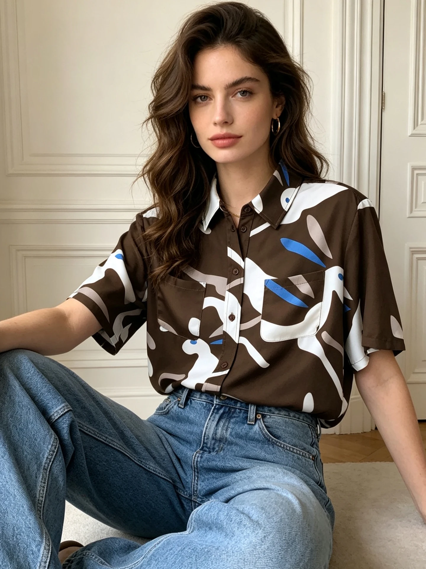 

Abstract Geometric Color Blo Rabbit Design Heavyweight Sand Waed Silk Charmeuse ort Sve irt Women's Faion