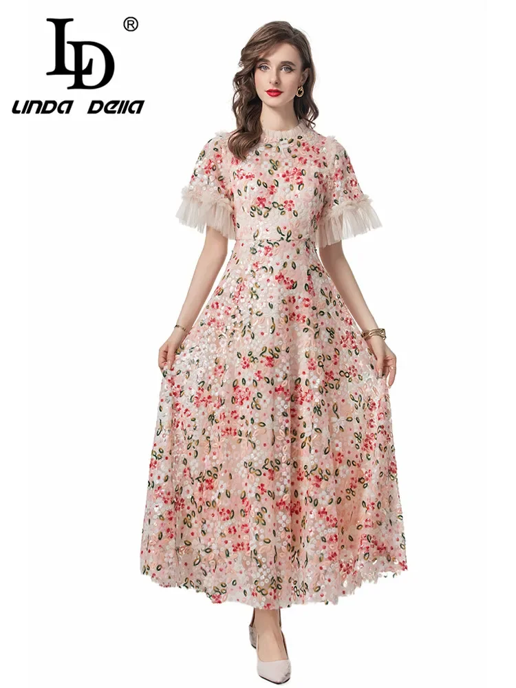 LD LINDA DELLA 2024 New Style Runway Designer Dress Women's Bohemian Net Yarn Butterfly Sleeve Sequins Gorgeous Long Dresses