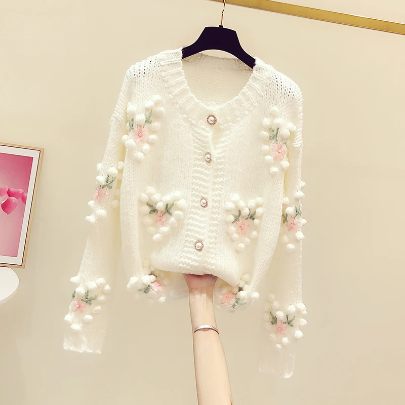 2025 Winter Runway Sweater Women Luxury Brand Design Elegant Flower Embroidered  Love Ball Loose Warm Knitted Cardigan Tops New