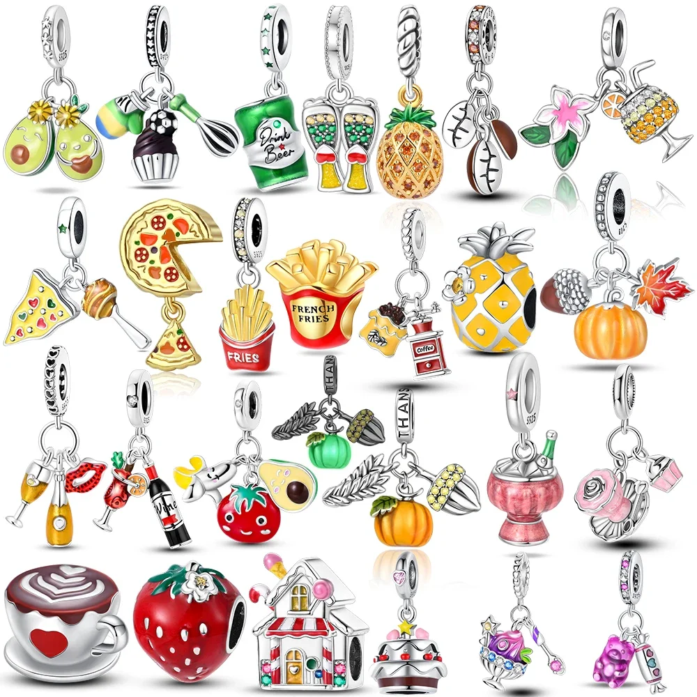 Original 925 Silver Plated Food Fruit Wine Pizza Fries Pineapple Cake Beads Fit Bag Charms Bracelet Jewelry Gifts for Women