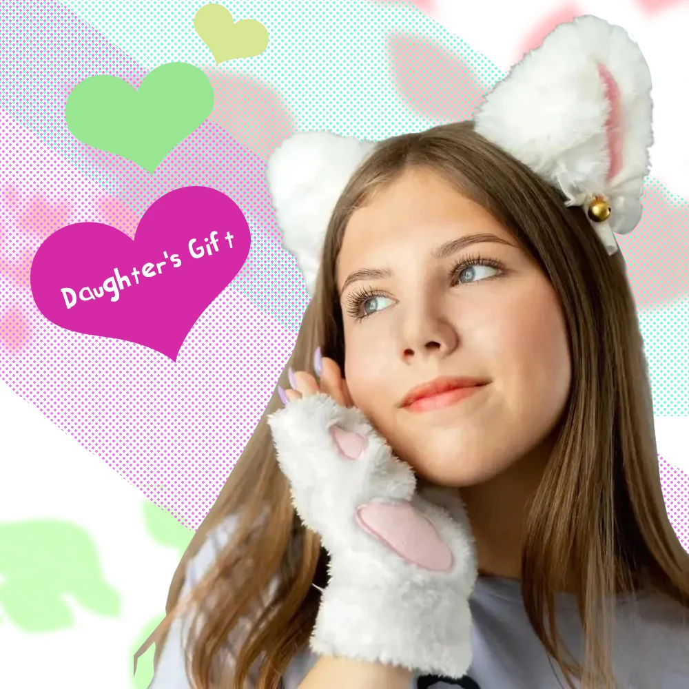 Cat Ear Headband Fingerless Gloves Set Cute Animal Costume Accessories Warm Soft Christmas Gift for Girls