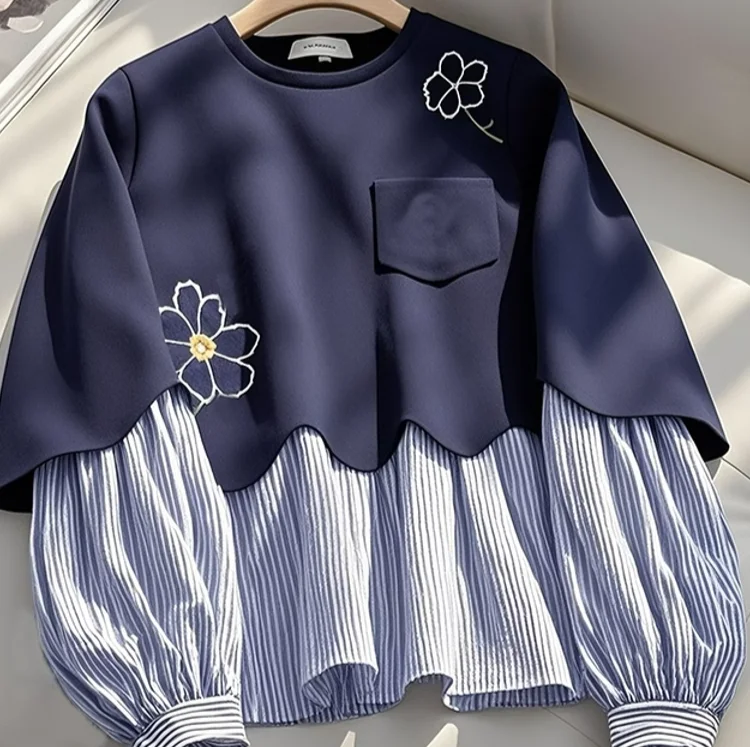 2025 autumn new popular American loose lazy chic top navy blue fake two-piece crew neck sweater women