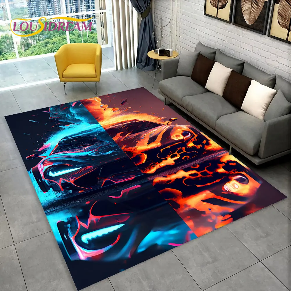 3D Racing Car Area Rug Large,Carpet Rug for Home Living Room Bedroom Sofa Doormat Decor,Kid Paly Kitchen Non-slip Floor Pad Mat