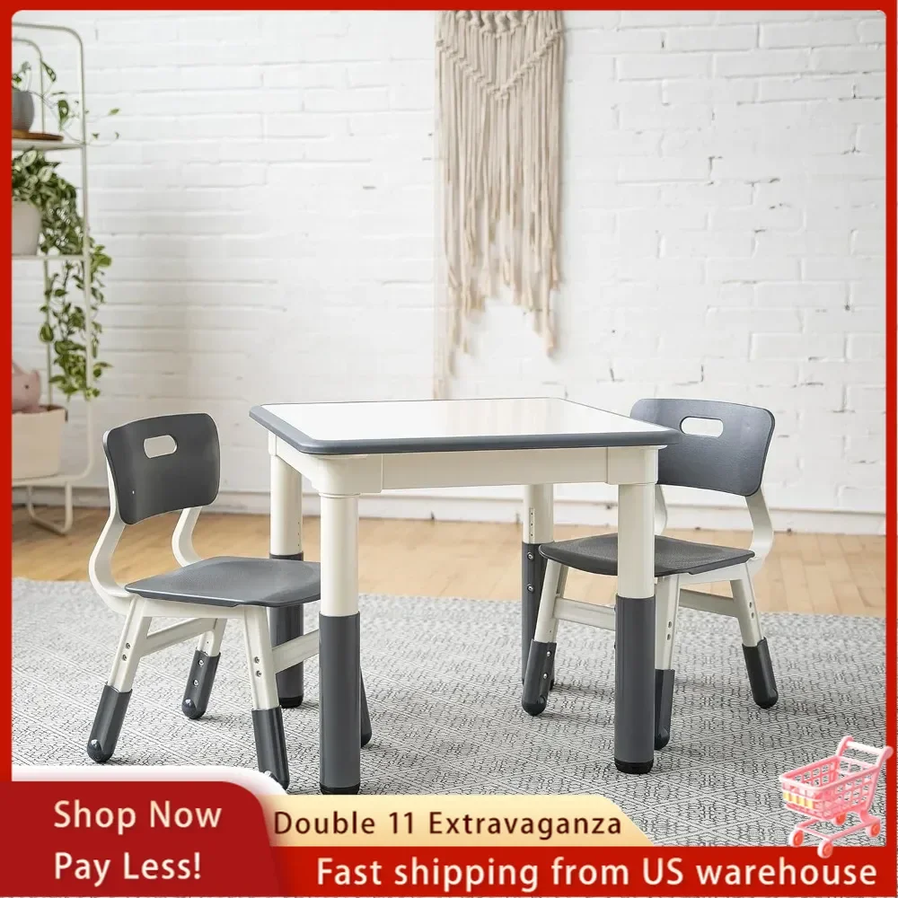 Table Dry-Erase Square Activity  with 2 Chairs, Adjustable Kids Furniture Grey 3-Piece, 28.5 x 28.3 x 5.1 inches Table