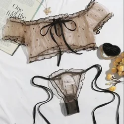 Sexy Lace Lingerie Transparent Bra and Panties Set Women Erotic Sheer Mesh Underwear Crop Tops Tie-Waist Thong Outfit for Sex