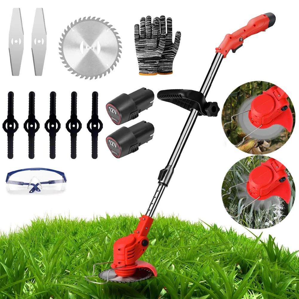 Désherbeur électrique pliable, désherbeur sans fil à batterie 12V, rouge |   Outil pour plusieurs travaux de coupe, deux batteries, tête réglable et manche extensible, léger