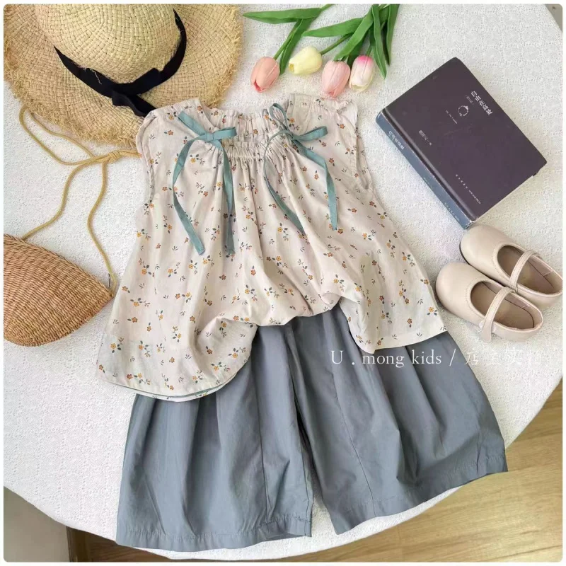 

XH-Girls Floral Suit Mori Style2024Summer New Baby Pastoral Style Pants Summer Children Korean Style Western Style