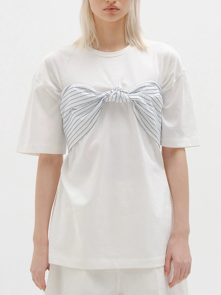 

Summer Casual Versatile Round Neck Short Sleeve Pullover T-Shirt Women's Tops Y2K Striped Bow Tie Woman clothing 2024 New