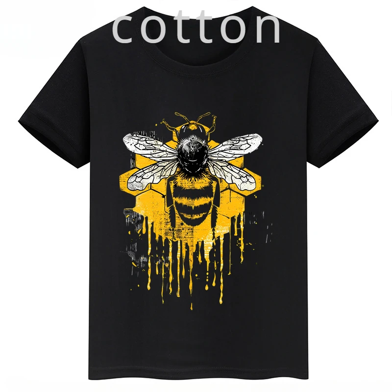 Bee Print Children\'s Clothing Summer Kid\'s Short-sleeved Black Tops Personalized Cotton T-shirts for Boys and Girls Baby Tees