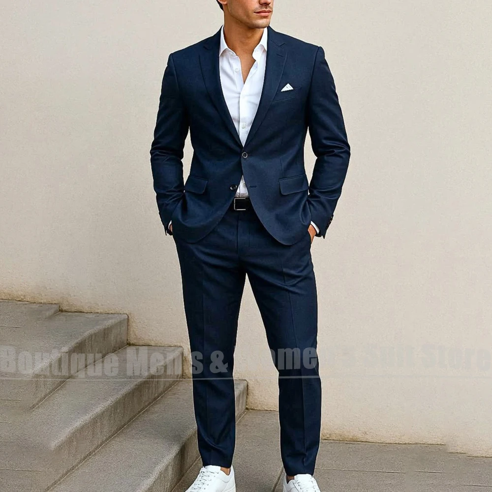 Men Navy Blue 2 Pieces Suit Set Notched Lapel Single Breasted Blazer Slim Pants For Business Office Groom Wedding Party Tuxedo