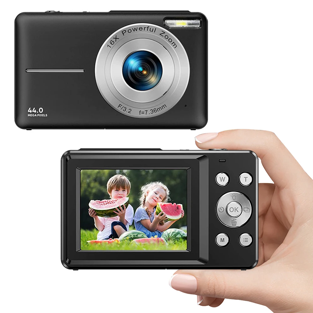 Ponto compacto e atirar câmera para crianças, câmera digital, 4K, 44MP, cartão SD de 32GB, zoom digital de 16x, tela de 2,4 ", vloggin