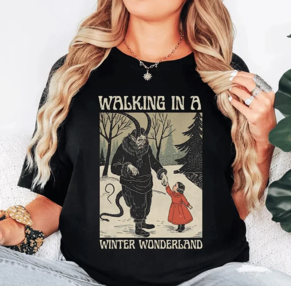 Krampus Gothic Walking in A Winter Wonderland Shirt Creepy Dark Horror Tee Graphic Short Sleeve Women T-shirts for Unisex