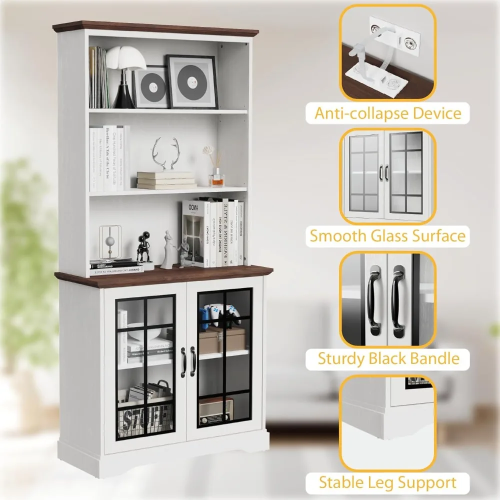 5 أرفف خزانة كتب طويلة بأبواب زجاجية رف كتب أبيض، رف تخزين قائم للعرض، أرفف كتب خشبية لغرفة المعيشة