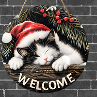 Christmas Welcome Sign - 20x20 cm, Wooden Round Hanging Decoration with Sleeping Cat Design, Perfect for Wreath Accents, New Ye
