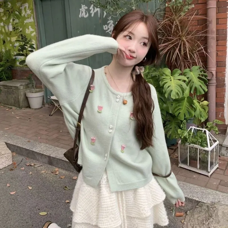 Women Autumn Korean Fashion Patchwork Loose O-neck Long Sleeve Knitwear Tops Ladies Temperament All-match Knitting Cardigan Coat