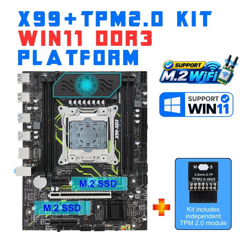 X99 DDR3 Platform includes independent TPM 2.0 module supports secure boot win11 m.2 wifi dual m.2 ssd 6x sata3.0 usb3.0 pcie3.0