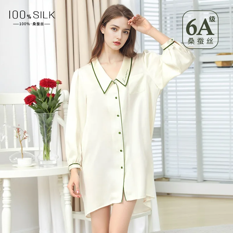 Women 100% Mulberry Silk Shirt Dress 2026 Summer New Peter Pan Collar Nightgown Sexy Thin Mini Dress Beach Cover Up Homewear