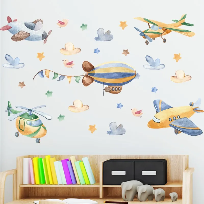 Cartoon Helicopter Aircraft Fighter Jet Wall Stickers For Kids Room Home Decoration Diy Plane Mural Art  Boys Decal Pvc Poster