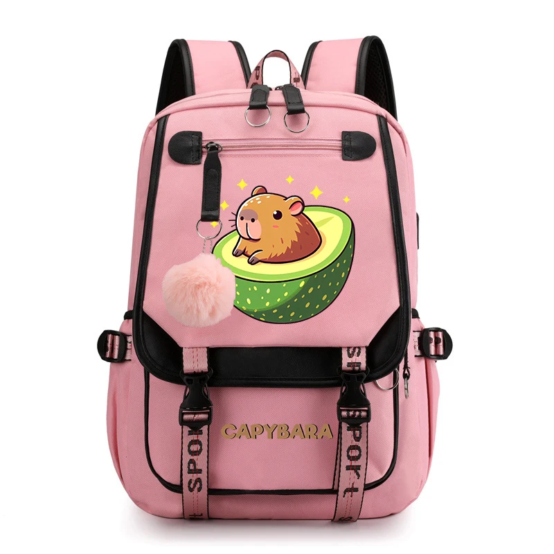 Mochila escolar con estampado de Animal Capybara para niñas, bolsa de viaje USB, rosa, regalo para niños