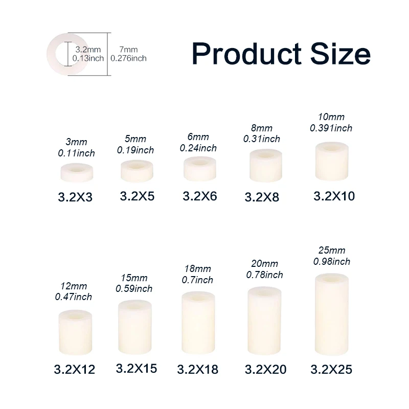 100-250 Pcs, M3 Electrical Outlet ABS Spacers, White 3.2mm ID, 7mm OD, 3-25mm Length Washer Spacer Assortment Plastic Round