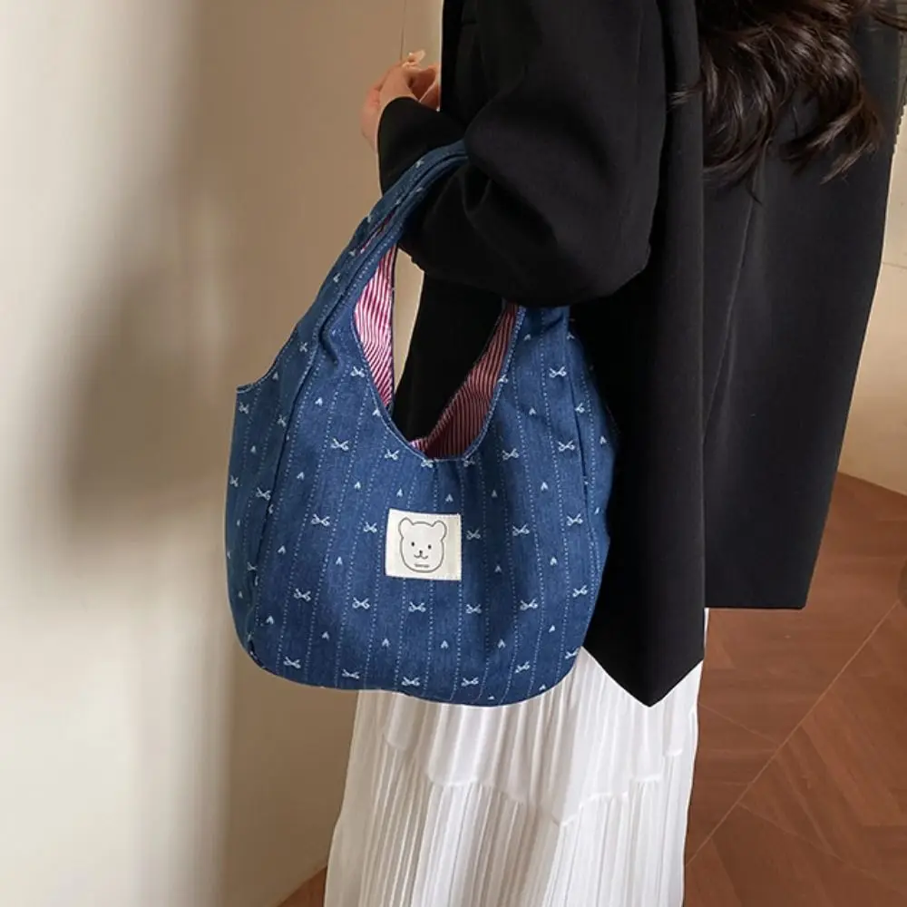 

Portable Korean Style Denim Bucket Bag Bowknot Sweet Denim Bow Handbag Cowboy Leisure Cute Wrist Bag Streetwear