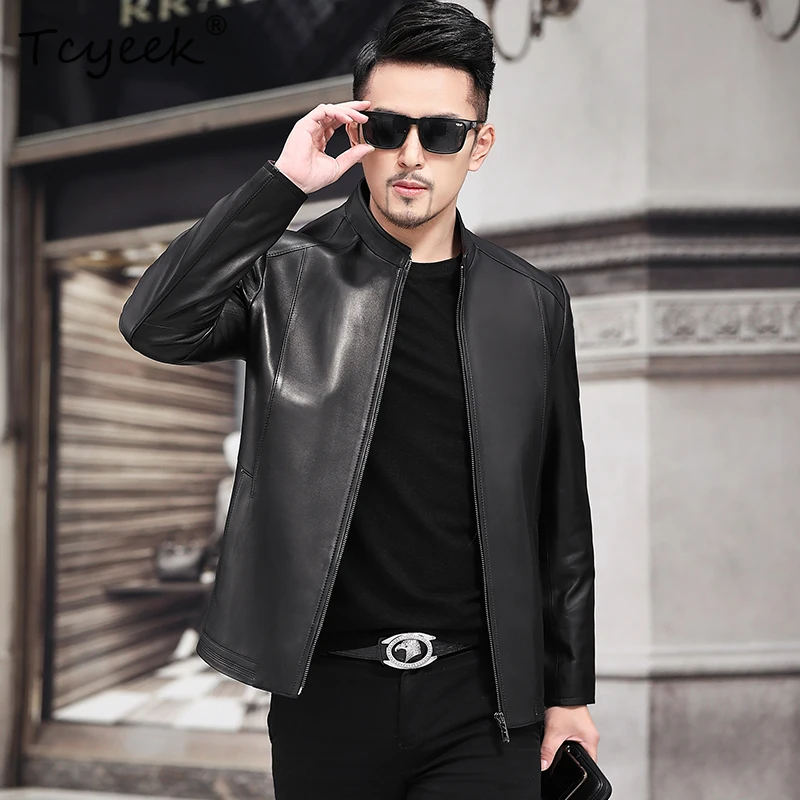 Tcyeek جلد الغنم ربيع الخريف الراقية العصرية الوقوف طوق أسود قصير الرجال سترة جلدية حقيقية كرداناتكا كوزاناهنا موسغراكيا #4