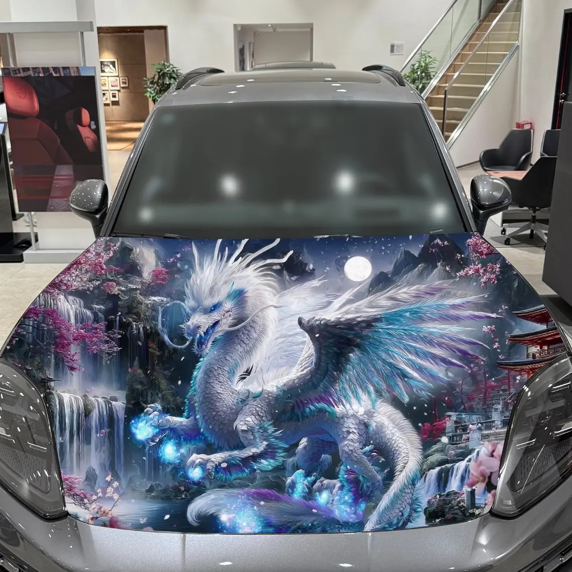 غلاف فينيل لسيارة التنين الإلهي باللون الأزرق من Cherry Blossom Ancient Building، ملصق غطاء السيارة المقاوم للماء من مادة PVC، ذاتية اللصق