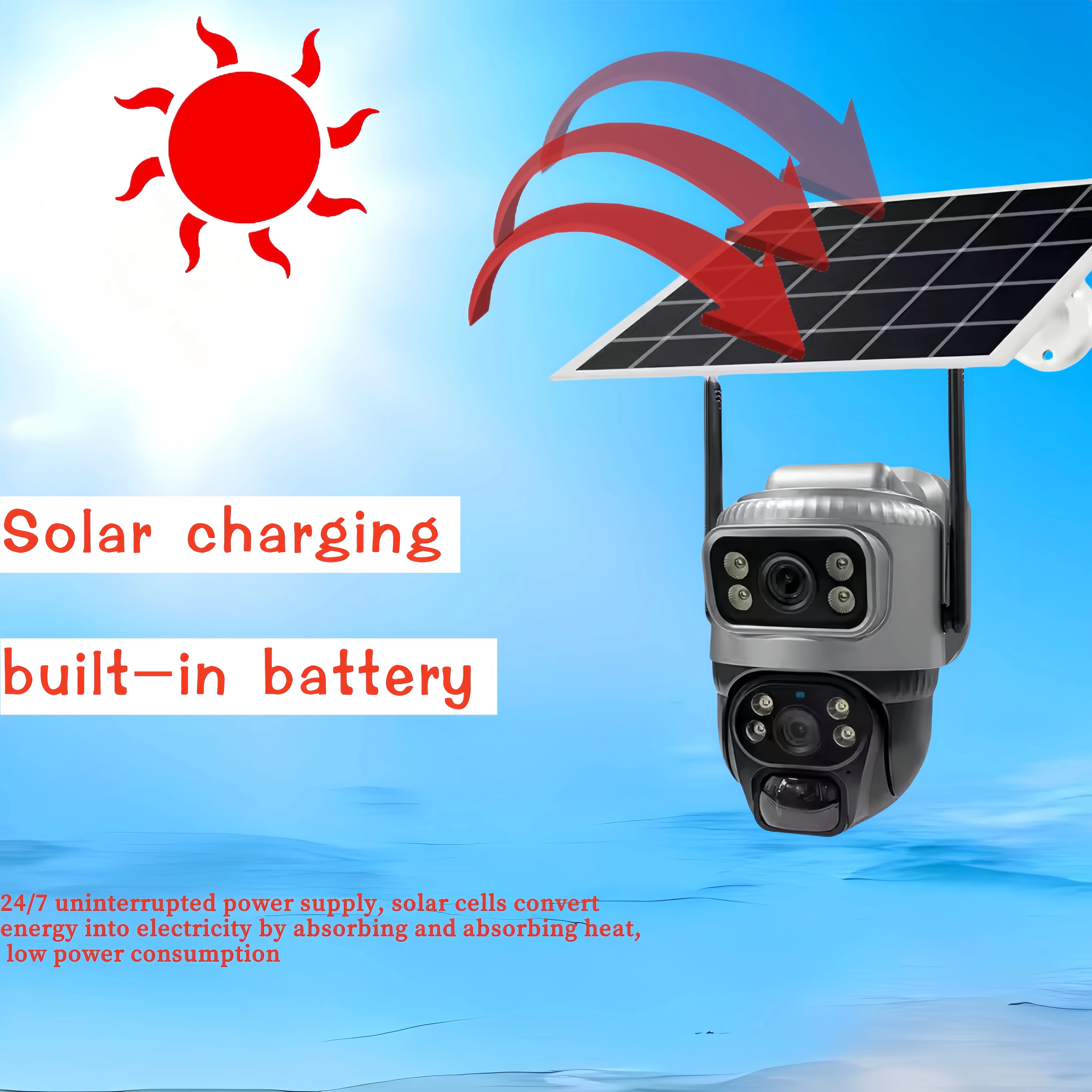 V380 Gun Ball WiFi Camera, Solar Low Power, Dual Lens Dual Screen 360 degree Full Color HD, Wireless Smart Home Outdoor Camera