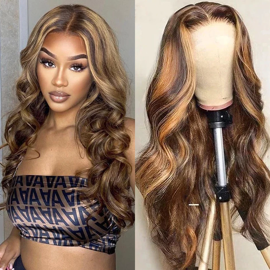 

Highlight Ombre Body Wavy Transparent Lace Front Human Hair Wigs Honey Blonde 4X4 Lace Frontal Wig Pre Plucked For Women