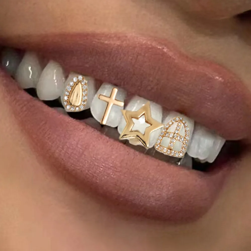 Exquisite Hip-hop Gold Color Inlaid Zircon Cross Hollow Star Tooth Caps Dental Grills for Women Men Cosplay Party Teeth Jewelry