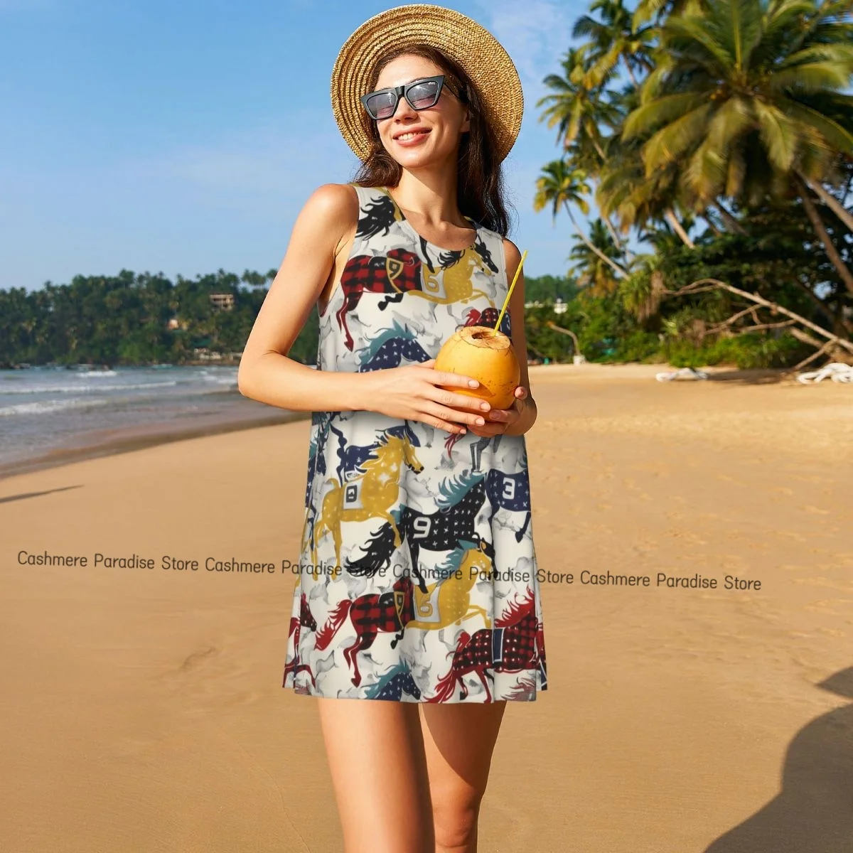 فستان نسائي ملون مع فساتين تي شيرت صيفية كاجوال لتغطية الشاطئ فستان بدون أكمام