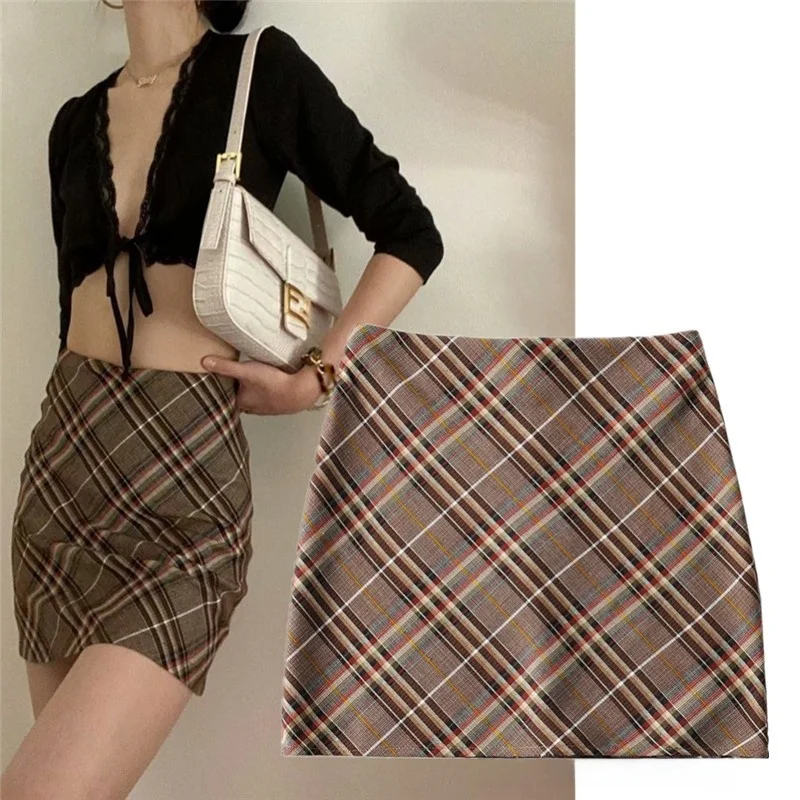 

Retro Briti Sle Plaid A-Line Skirt Women's Summer 202 High Waist Slim Fit One Step Skirt for Teen Girls Trendy