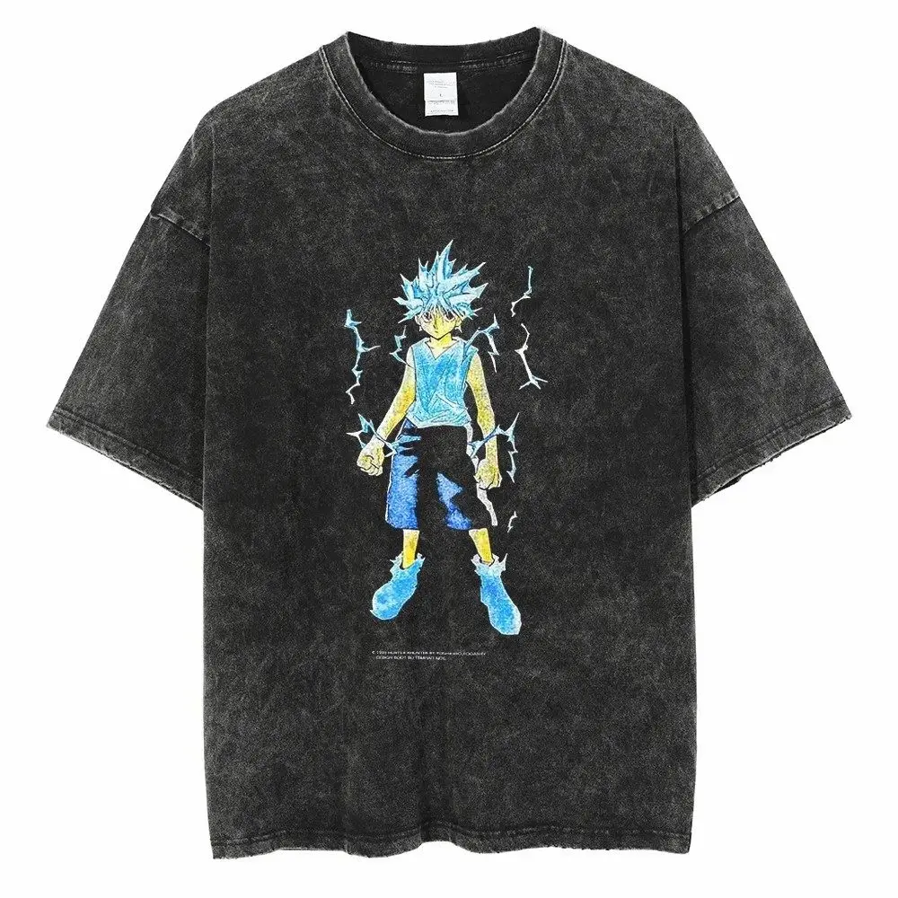 

Acid Washed Hunter x Hunter Killua Zoldyck Футболка с рисунком Хлопковая уличная одежда в стиле ретро Негабаритные повседневные футболки унисекс с круглым вырезом