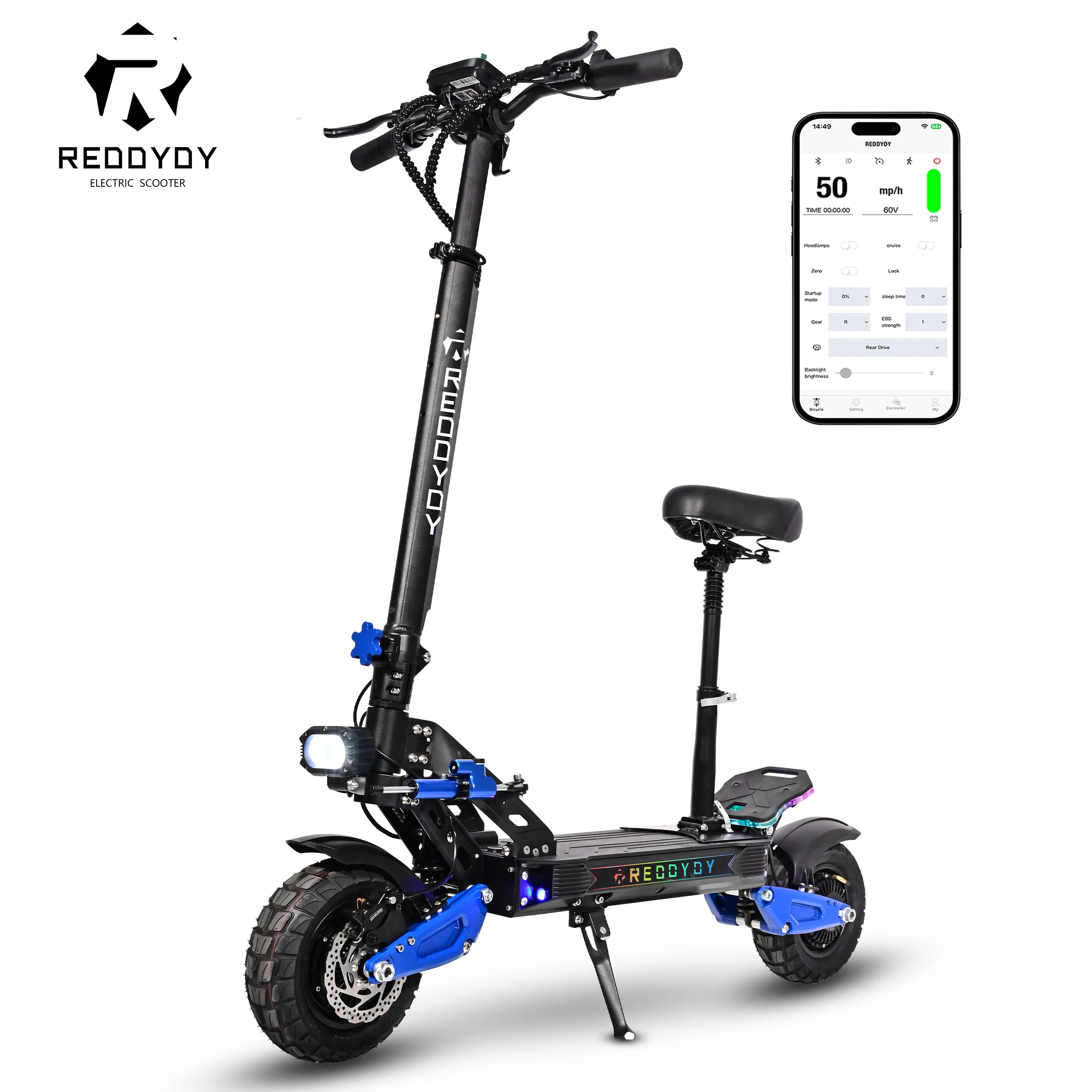

RD2 Adult Electric Offroad Scooter, 50 MPH Max speed 60V 25Ah, 55-Mile Long Range 10.5" Off-Road Tires, folk smart APP control