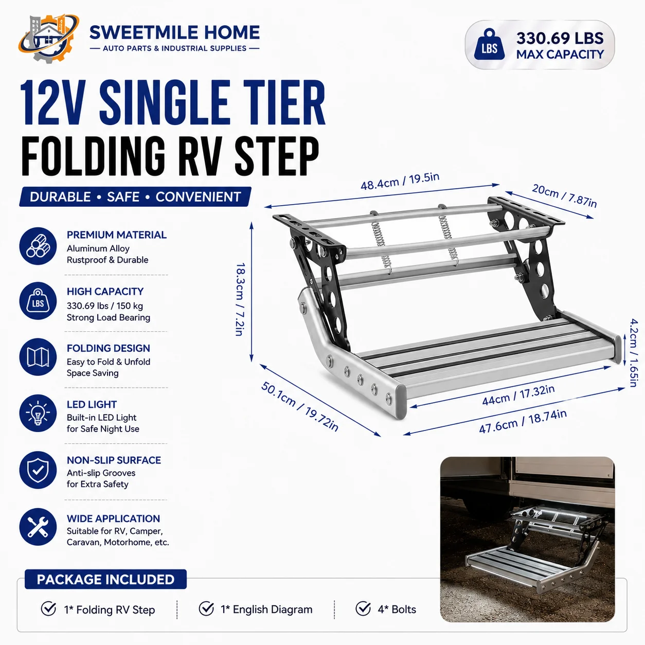 

12V Single Tier Folding RV Step Aluminum Alloy RV Camper Step with LED Light 330.69 lbs Capacity Manual Step for Caravan Motorhome