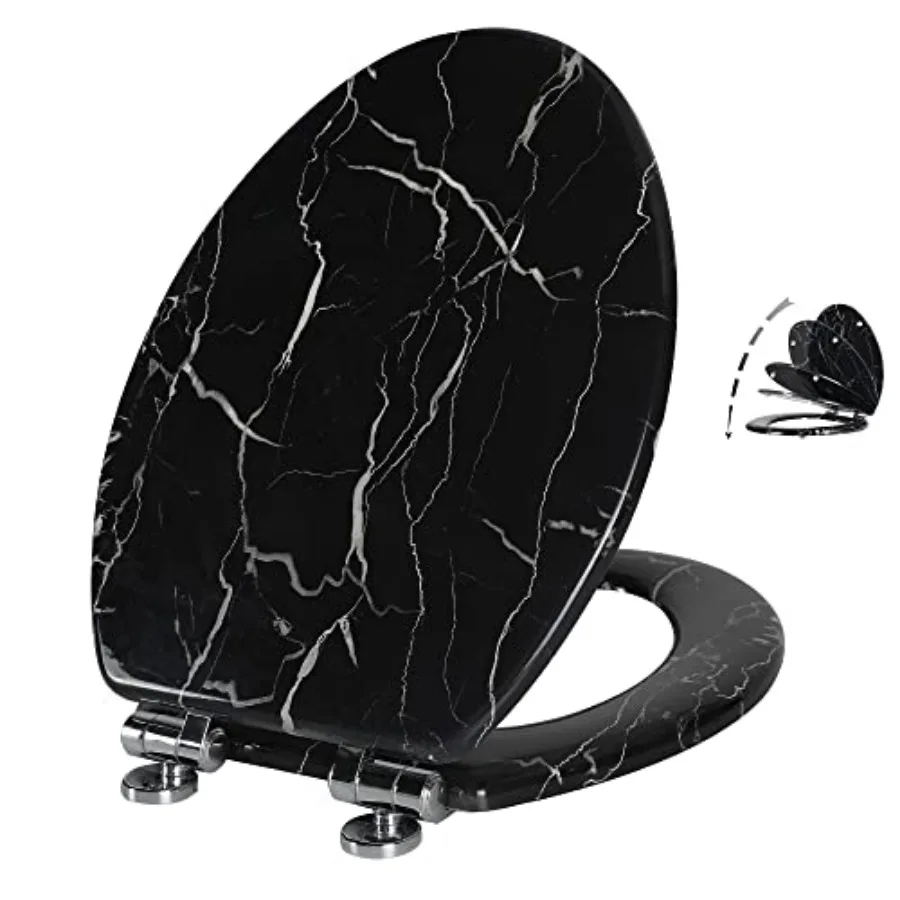 

Marble Toilet Seat Durable Molded Wood with Quiet Close, Easy Clean Quick-Release Hinges Elongated, Black Marble