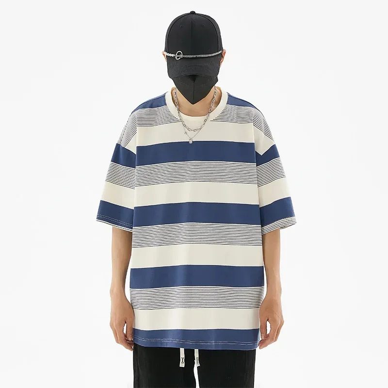Oversized Striped T Shirts Men Loose Fit Breathable Cotton Tees Fashion Classic Graphic T Shirts Streetwear Short Sleeves Male
