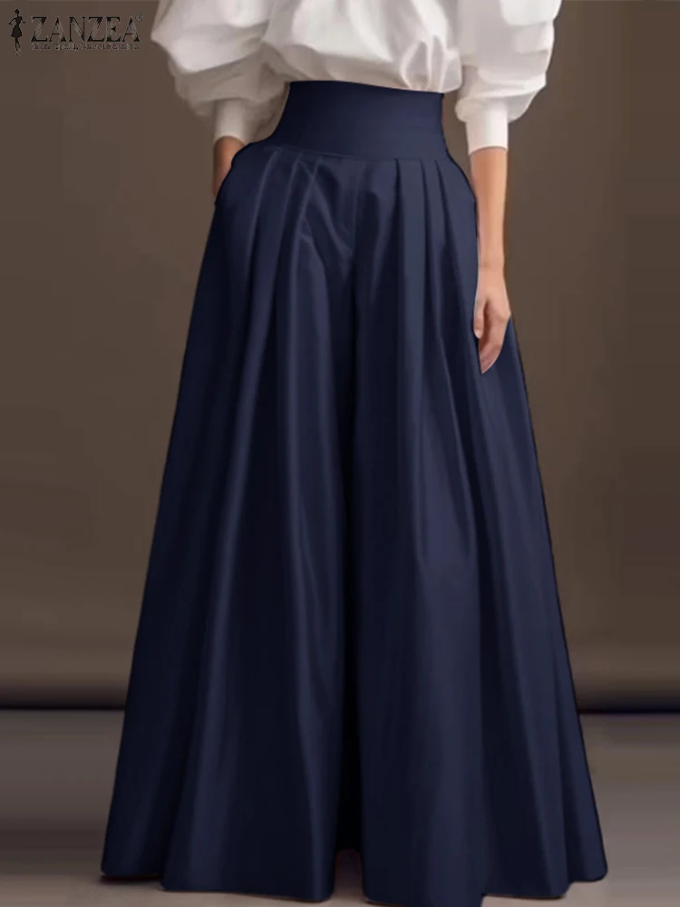 Zanzea-女性用ソリッドプリーツパンツ、ワイドレッグフォーマルパンツ、ハイウエストオフィスパンタロン、カジュアルポケット、ヴィンテージファッション、2022