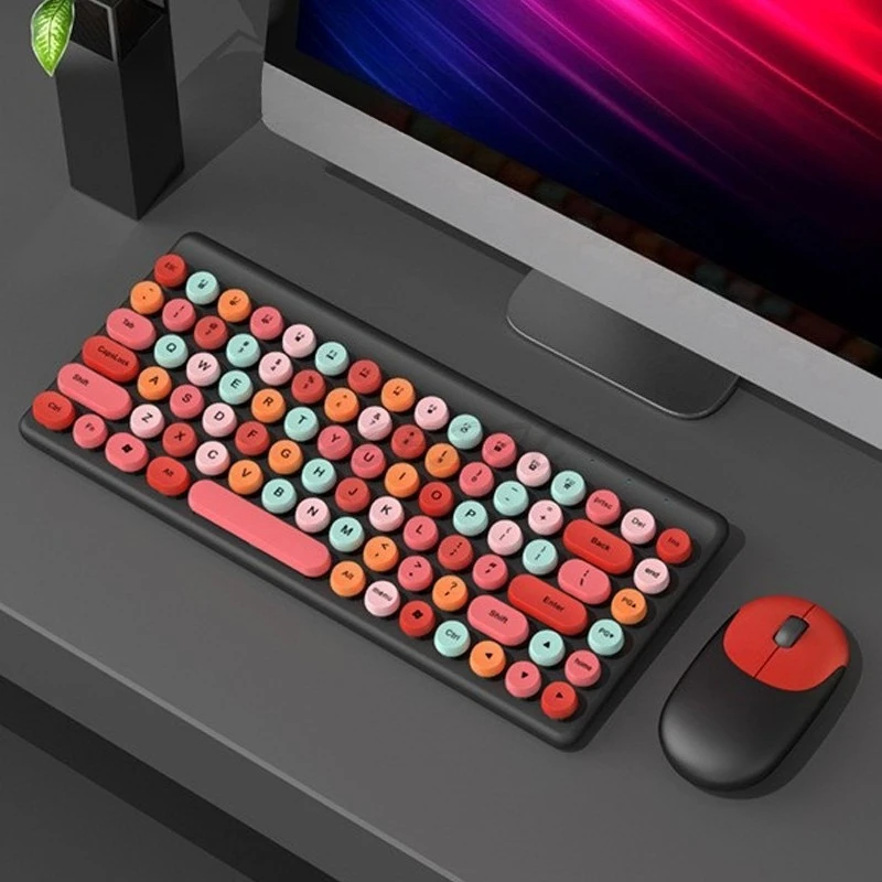 Portable Wireless Keyboard and Mouse Set Circular Keycaps Compact Computer Peripherals Office Games RGB Lighting Effects