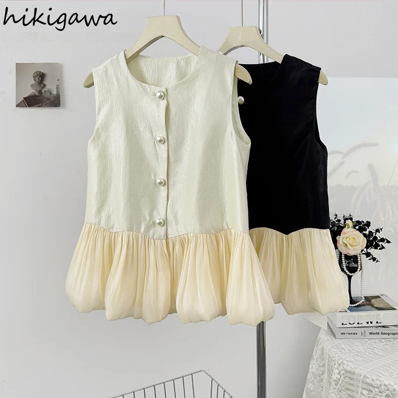 

Лоскутные майки с оборками, женская одежда, однобортный свободный жилет без рукавов, 2022, Ropa Mujer, контрастный цвет, летнее пальто-майка