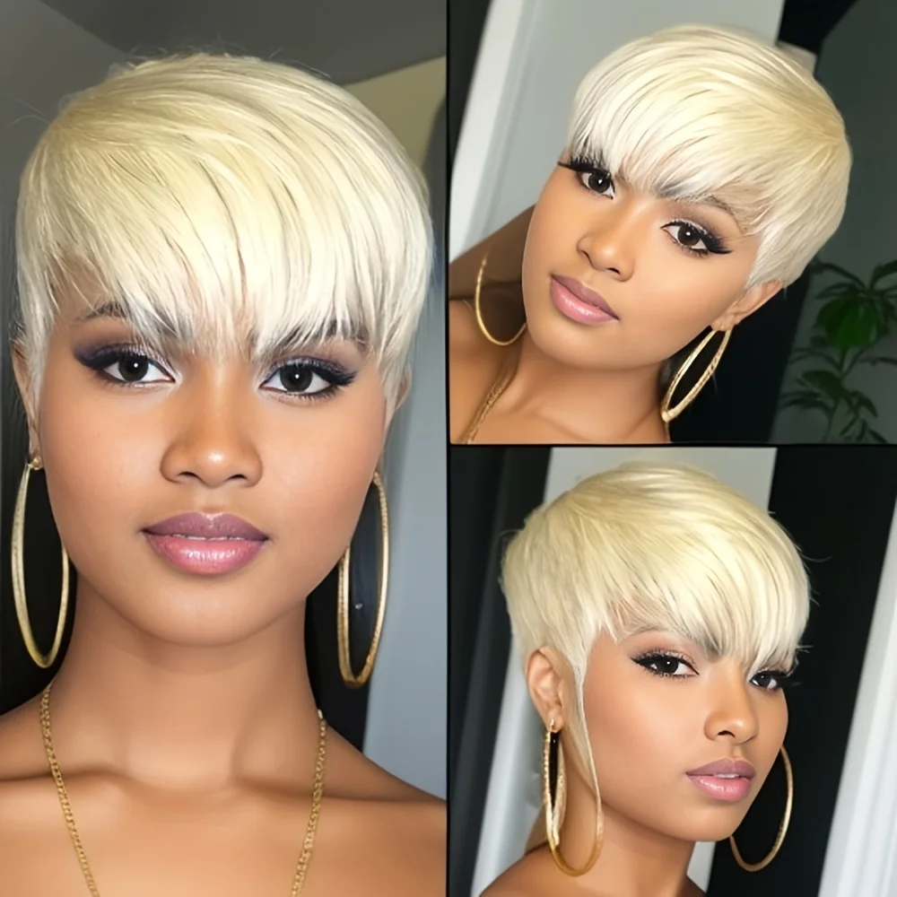 613 Blonde Kleur Rechte Menselijk Haar Pruik voor Vrouwen Pixie Cut Pruik Volledige Machine Gemaakt Pruik 150% Dichtheid 6 Inch